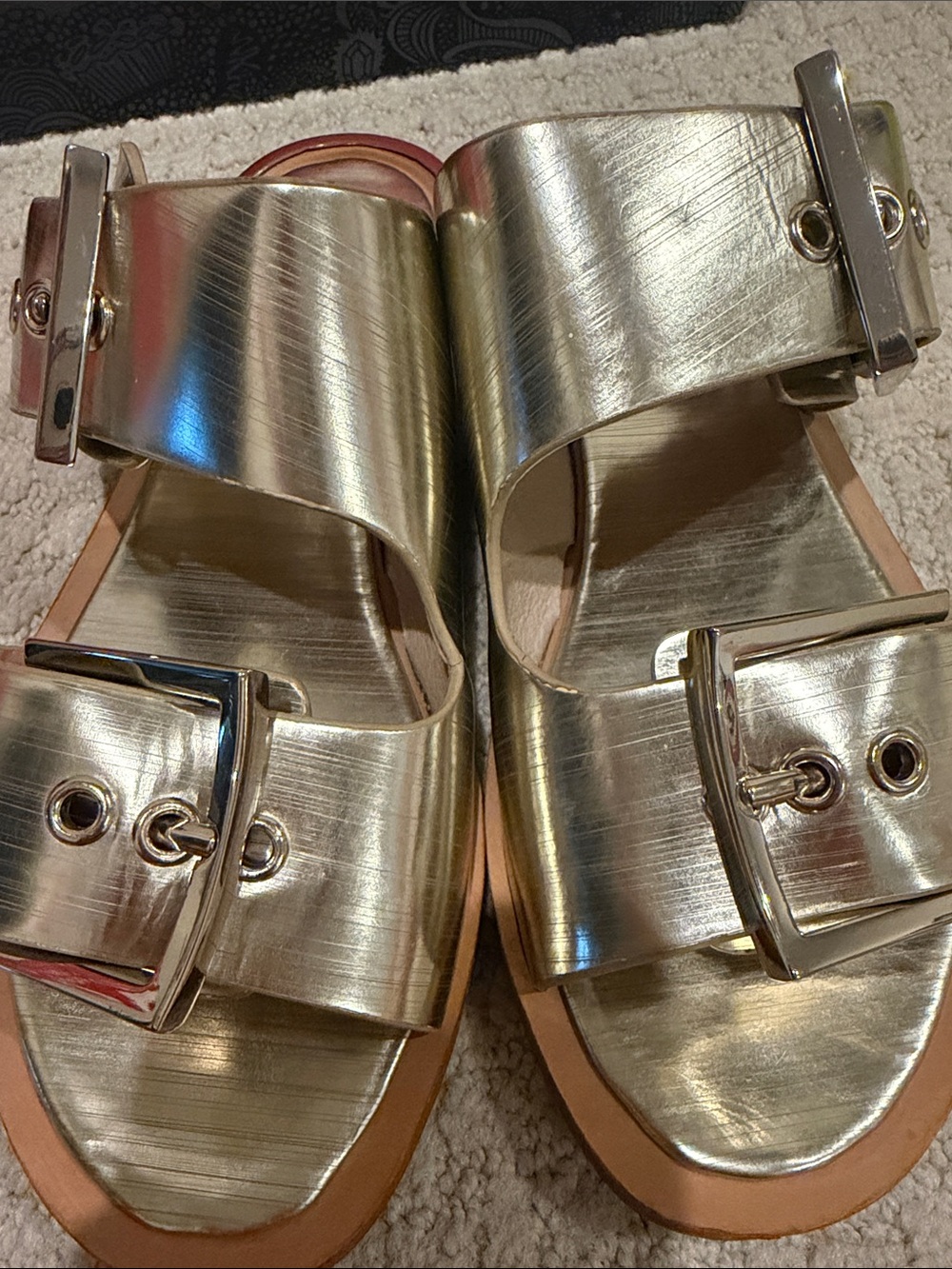 Rachel Zoe Metallic Gold Double Buckle Slide Mules - Picture 4 of 6